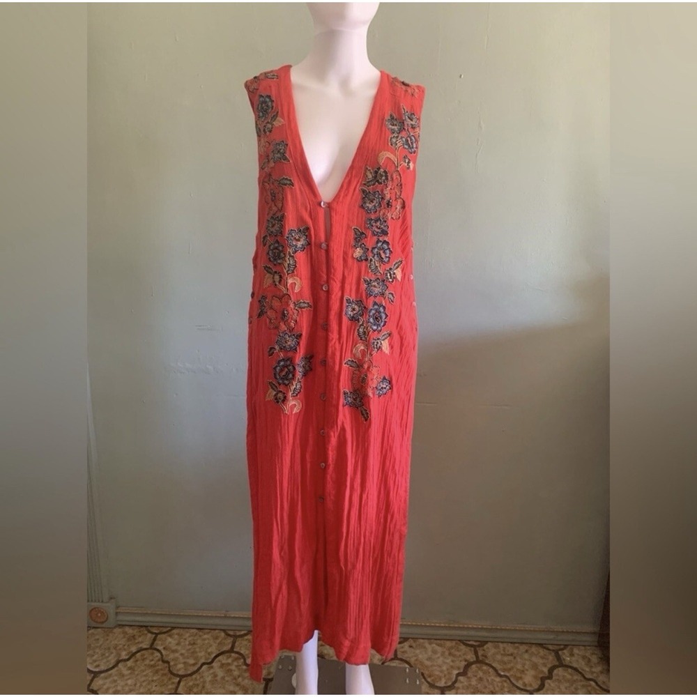 Free People Maxi Dress Womens Small Coral Red Embroidered Gauze Button Side Slit